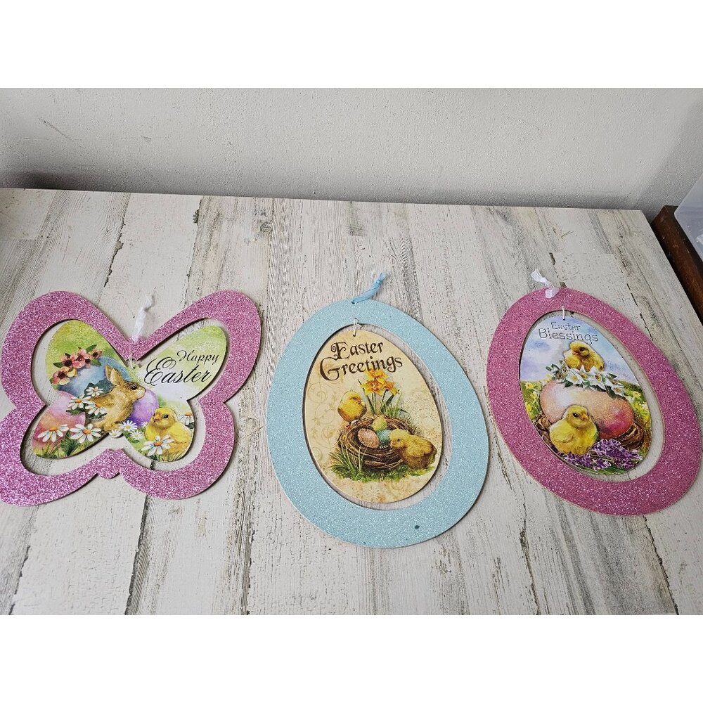 Vintage Greenbrier glitter Easter spring‎ hanging decor bunny chick chicken eggs